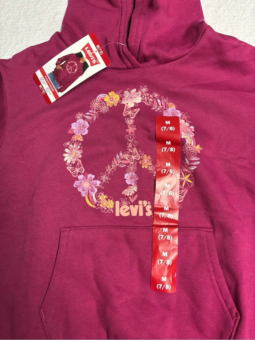 Levi's Girls' Medium Hoodie - Raspberry with Floral Peace Graphic